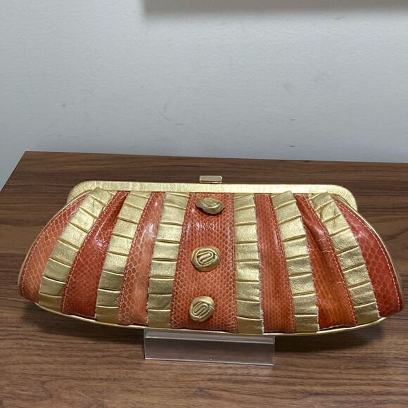 Rafe New York Gold Metallic & Apricot Snakeskin Clutch/Strap. - Picture 1 of 9